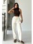 Yüksek Bel Bağcıklı %100 Pamuk Rahat Kalıp Ekru Düz Paça Kadın Pantalon 4