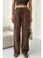 Gabardin %100 Pamuk Yüksel Bel Kahverengi Bol Paça Palazzo Pantolon 3