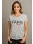 Kadın Gri Simli Paris Yazı Baskılı Tişört Tunik 1