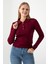 Kadın Polo Yaka Düğme Detaylı Fitilli Triko Body Bordo - 25K 2057 3