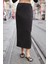 Kadın Ipeksi Esnek Modal Kumaş Yüksek Bel Cepli Beli Lastikli Yandan Yırtmaçlı Uzun Etek-Siyah 3