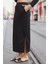 Kadın Ipeksi Esnek Modal Kumaş Yüksek Bel Cepli Beli Lastikli Yandan Yırtmaçlı Uzun Etek-Siyah 4