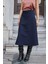 Kadın Yüksek Bel Diz Altı Hafif Likralı Kumaş Çan Etek-Lacivert 3