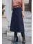 Kadın Yüksek Bel Diz Altı Hafif Likralı Kumaş Çan Etek-Lacivert 4