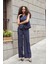 Kadın Hafif Esnek Kumaş Yüksek Bel Yan Cepli Bol Paça Palazzo Pantolon-Lacivert 3