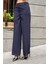 Kadın Hafif Esnek Kumaş Yüksek Bel Yan Cepli Bol Paça Palazzo Pantolon-Lacivert 9