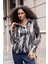Kadın Ipeksi Dokulu Yakalı Uzun Kol Gömlek -Siyah Desen 4