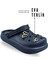 Aksesuarlı 4 cm Kalın Taban Kadın Sabo Terlik Hastane Terliği 1014 Lacivert 2
