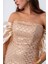 Kadın Bej Straplez Boncuklu Saten Kuyruklu Uzun Abiye 4