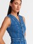 90561 V Yaka Likralı Denim Elbise-Mavi 2