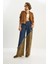 Kadın Asimetrik Leopar Detaylı Wide Leg Denim Pantolon 3