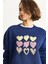 Kadın Bisiklet Yaka Kalp Nakışlı Şardonlu Üç Iplik Sweatshirt 1