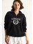 Kadın London Işlemeli Dik Yaka Fermuar Detaylı Şardonlu Oversize Sweatshirt 4