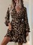 Kadın Uzun Kollu Kruvaze Yaka Belden Kuşaklı Çapraz Kesim Detaylı Leopar Modal Mini Elbise 4