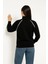 Oversize Dik Yaka Fermuarlı Sweatshirt - Zincir Nakışli Kanguru Cepli, - Siyah 2