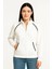 Oversize Dik Yaka Fermuarlı Sweatshirt - Zincir Nakışli Kanguru Cepli, - Beyaz 1