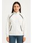 Oversize Dik Yaka Fermuarlı Sweatshirt - Zincir Nakışli Kanguru Cepli, - Beyaz 2