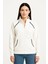 Oversize Dik Yaka Fermuarlı Sweatshirt - Zincir Nakışli Kanguru Cepli, - Beyaz 3