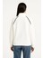 Oversize Dik Yaka Fermuarlı Sweatshirt - Zincir Nakışli Kanguru Cepli, - Beyaz 4