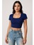 Kadın Lacivert Yarım Kol Düz Yaka Crop Top Bluz – Şık, Rahat ve Kolay Kombinlenebilir 1