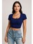 Kadın Lacivert Yarım Kol Düz Yaka Crop Top Bluz – Şık, Rahat ve Kolay Kombinlenebilir 7