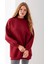 Kadın Bordo Üç Iplik Pamuklu Ribanalı Bisiklet Yaka Oversize Sweatshirt - 2523 4