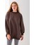 Kadın Kahverengi Üç Iplik Pamuklu Ribanalı Bisiklet Yaka Oversize Sweatshirt - 2523 1