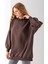 Kadın Kahverengi Üç Iplik Pamuklu Ribanalı Bisiklet Yaka Oversize Sweatshirt - 2523 2