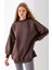 Kadın Kahverengi Üç Iplik Pamuklu Ribanalı Bisiklet Yaka Oversize Sweatshirt - 2523 4