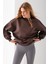 Kadın Kahverengi Üç Iplik Pamuklu Ribanalı Bisiklet Yaka Oversize Sweatshirt - 2523 5