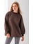 Kadın Kahverengi Üç Iplik Pamuklu Ribanalı Bisiklet Yaka Oversize Sweatshirt - 2523 6