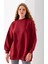Kadın Bordo Üç Iplik Pamuklu Ribanalı Bisiklet Yaka Oversize Sweatshirt - 2523 2