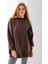 Kadın Kahverengi Üç Iplik Pamuklu Ribanalı Bisiklet Yaka Oversize Sweatshirt - 2523 3
