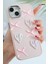 Apple iPhone 13 - 14 - 15 Kılıf Kamera Çıkıntılı Kalpli Fiyonk Desenli Pembe Yumuşak Silikon Kapak 1