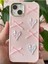 Apple iPhone 13 - 14 - 15 Kılıf Kamera Çıkıntılı Kalpli Fiyonk Desenli Pembe Yumuşak Silikon Kapak 5