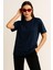 Kadın Lacivert %100 Pamuk Oversize Basic Tişört – Rahat Kalıp Relaxed Bisiklet Yaka T-Shirt 3