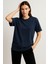 Kadın Lacivert %100 Pamuk Oversize Basic Tişört – Rahat Kalıp Relaxed Bisiklet Yaka T-Shirt 4