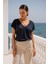 Kadın Koyu Lacivert Viskon Ön Arka V Yakalı T-Shirt Yarasa Kol Relaxed Bluz 1