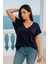 Kadın Koyu Lacivert Viskon Ön Arka V Yakalı T-Shirt Yarasa Kol Relaxed Bluz 2