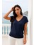 Kadın Koyu Lacivert Viskon Ön Arka V Yakalı T-Shirt Yarasa Kol Relaxed Bluz 3