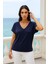 Kadın Koyu Lacivert Viskon Ön Arka V Yakalı T-Shirt Yarasa Kol Relaxed Bluz 4