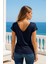 Kadın Koyu Lacivert Viskon Ön Arka V Yakalı T-Shirt Yarasa Kol Relaxed Bluz 5