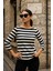 Kadın Çizgili Basic Bluz - Siyah-Beyaz 3/4 Kol - Günlük Rahat Şık Kombin - Yeni Sezon Trend 3