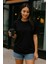 Kadın Siyah %100 Pamuk Oversize Basic Tişört – Rahat Kalıp Relaxed Bisiklet Yaka T-Shirt 4