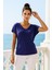Kadın Lacivert Viskon V Yakalı T-Shirt Kısa Kol Rahat Kesim Bluz 1