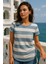 Kadın Mavi Beyaz Çizgili %100 Pamuk Bisiklet Yaka Tişört - Rahat Kesim Kısa Kollu Basic T-Shirt 4