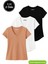 Kadın 3'lü Paket Siyah-Beyaz-Kahverengi %100 Organik Pamuk Normal Kesim Tişört V Yaka T-Shirt 1