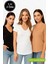 Kadın 3'lü Paket Siyah-Beyaz-Kahverengi %100 Organik Pamuk Normal Kesim Tişört V Yaka T-Shirt 2