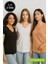 Kadın 3'lü Paket Siyah-Beyaz-Kahverengi %100 Organik Pamuk Normal Kesim Tişört V Yaka T-Shirt 5