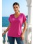 Kadın Pembe Viskon V Yakalı T-Shirt Kısa Kol Rahat Kesim Bluz 2